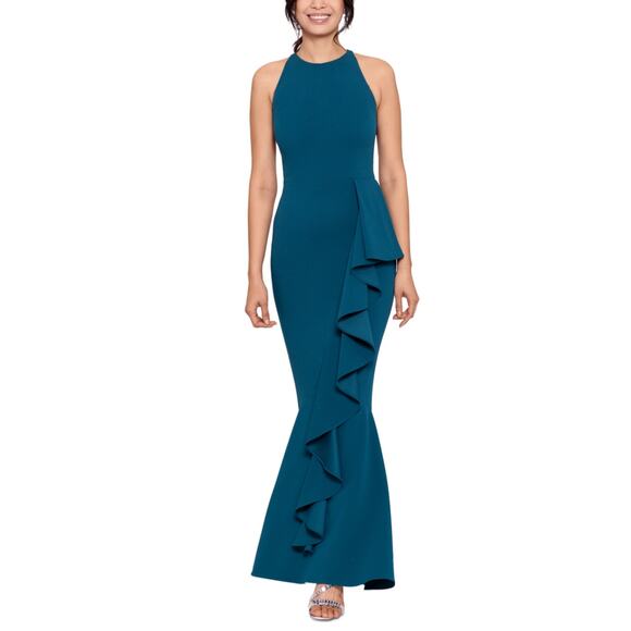 Betsy & Adam Ruffled Halter Evening Gown Size 6 Blue Crepe Halter Mermaid Dress - Picture 12 of 14